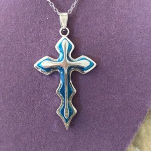 3D Silver Tone and Turquoise Cross